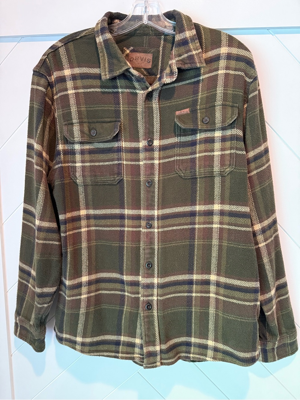 Orvis heavyweight Olive Green Plaid Flannel Button-Down Shirt